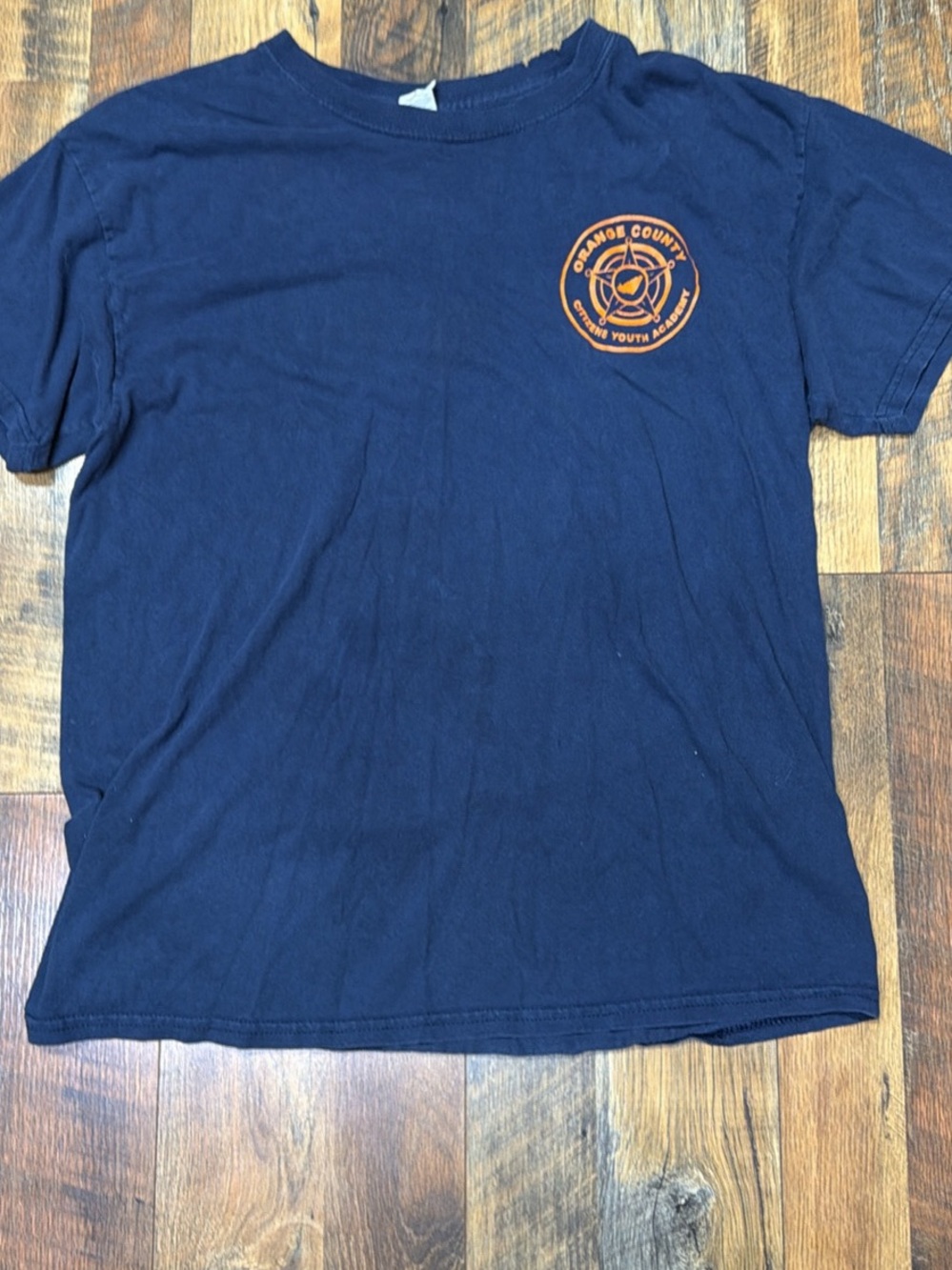 Gildan Navy Short Sleeve T-Shirt with Orange Chest Graphic